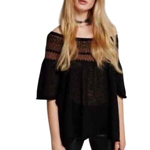 Free People Loch‎ Lomond Off Shoulder Flutter Sleeve Sweater Black Brown XS